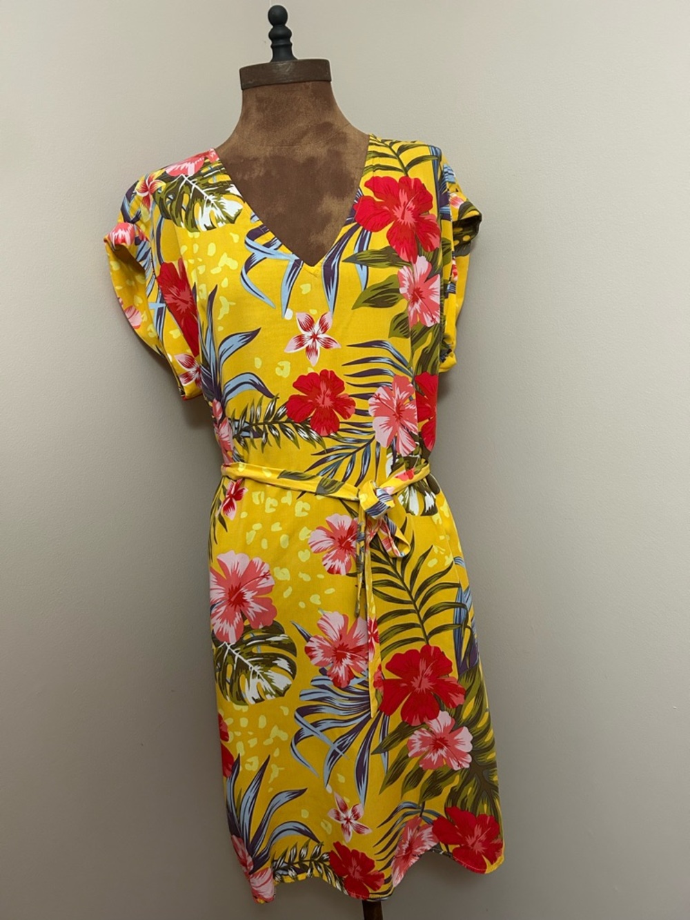 Yellow Tropical Floral V-Neck Belted Dress Cover Up